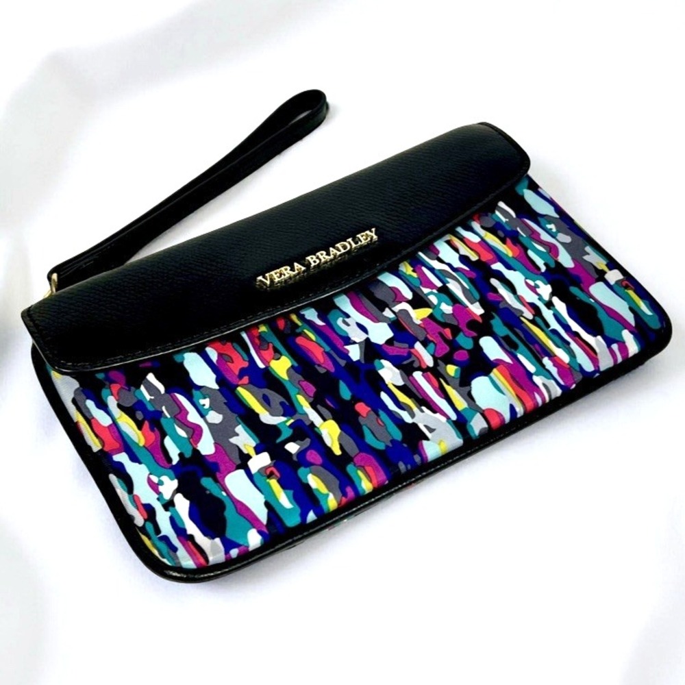 VERA BRADLEY Envelope‎ Wristlet Clutch Watercolor Brushstroke Black Leather Trim